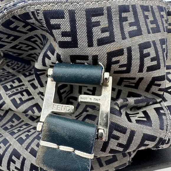 FENDI Vintage Zucchino  Navy Leather & Grey Canvas Tote Bag - Picture 12 of 17